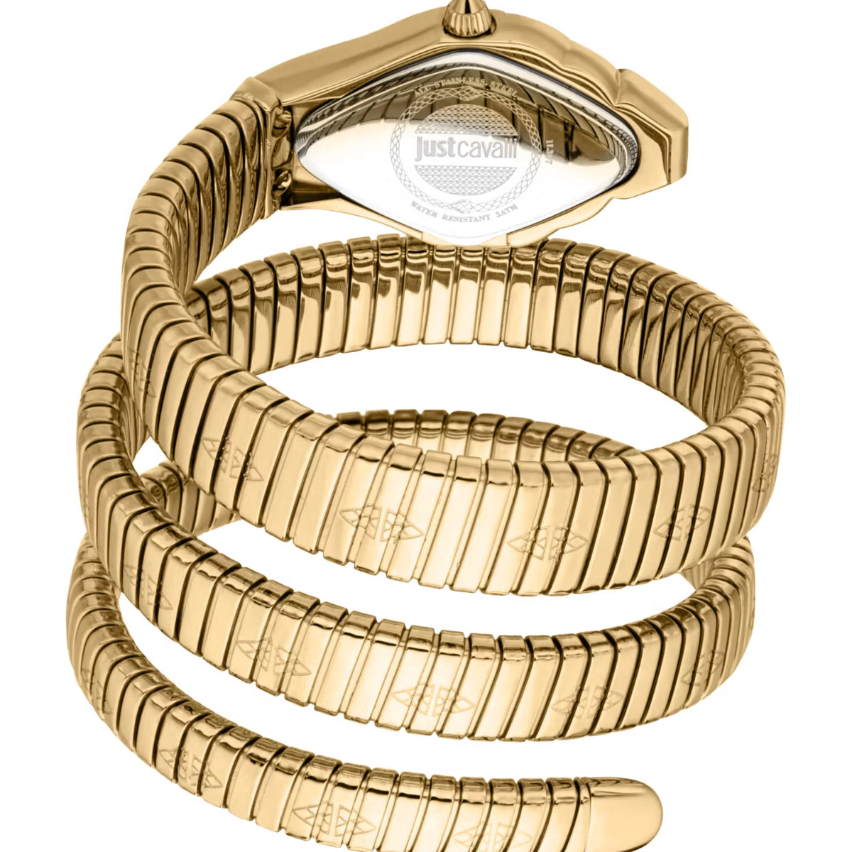 Gold watch with a textured band on a white background