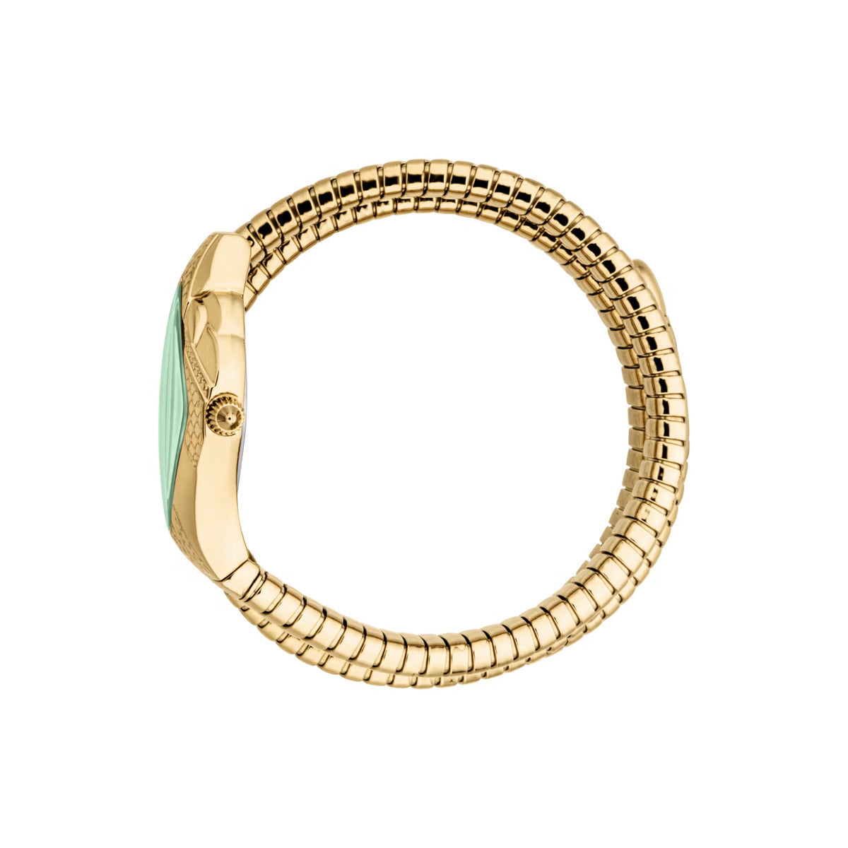 Gold ring with a green gemstone on a white background