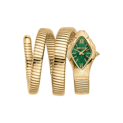 Gold snake-shaped bracelet with a green watch face on a white background