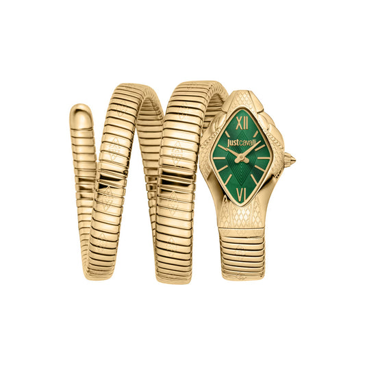 Gold snake-shaped bracelet with a green watch face on a white background