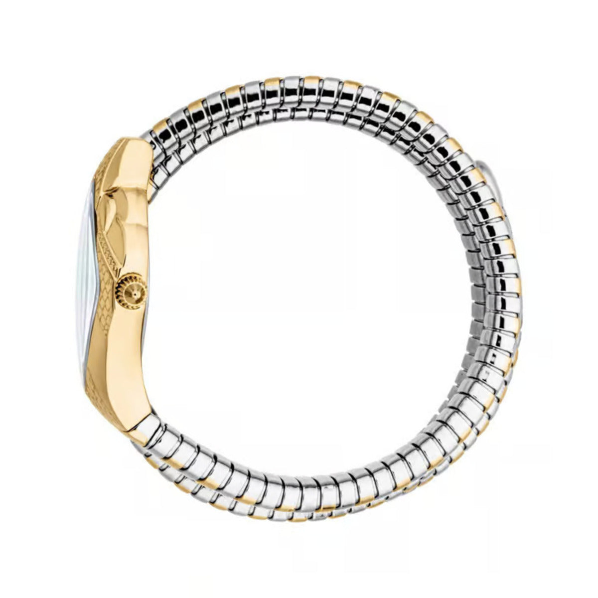 Two-tone ring with gold and silver bands on a white background