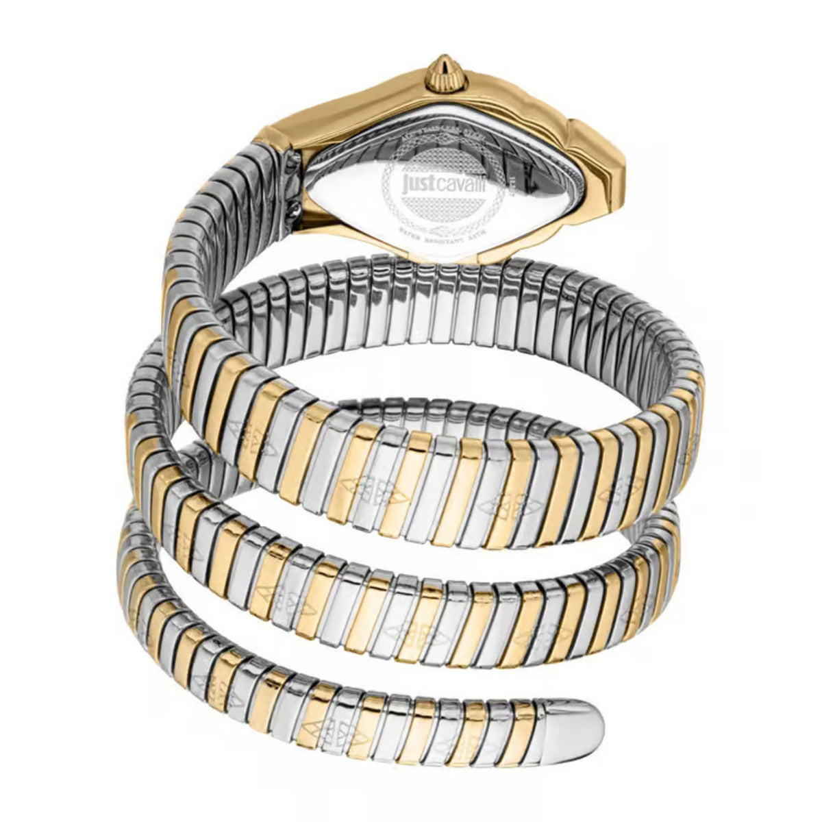 Two gold and silver bracelets stacked on a white background