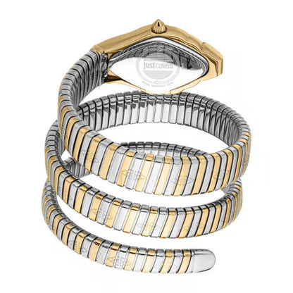 Two gold and silver bracelets stacked on a white background