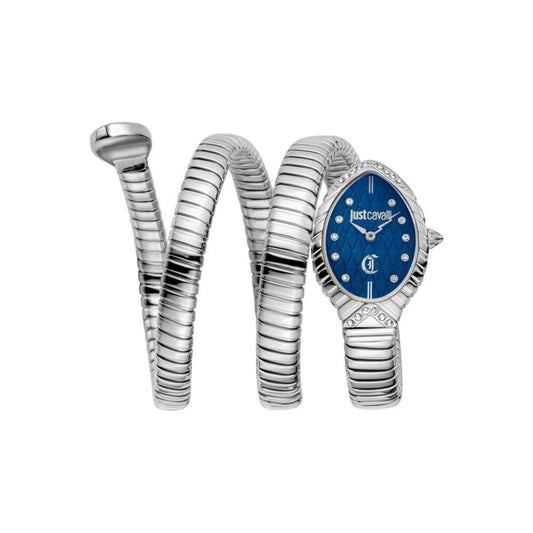 Silver snake-shaped watch with a blue face on a white background