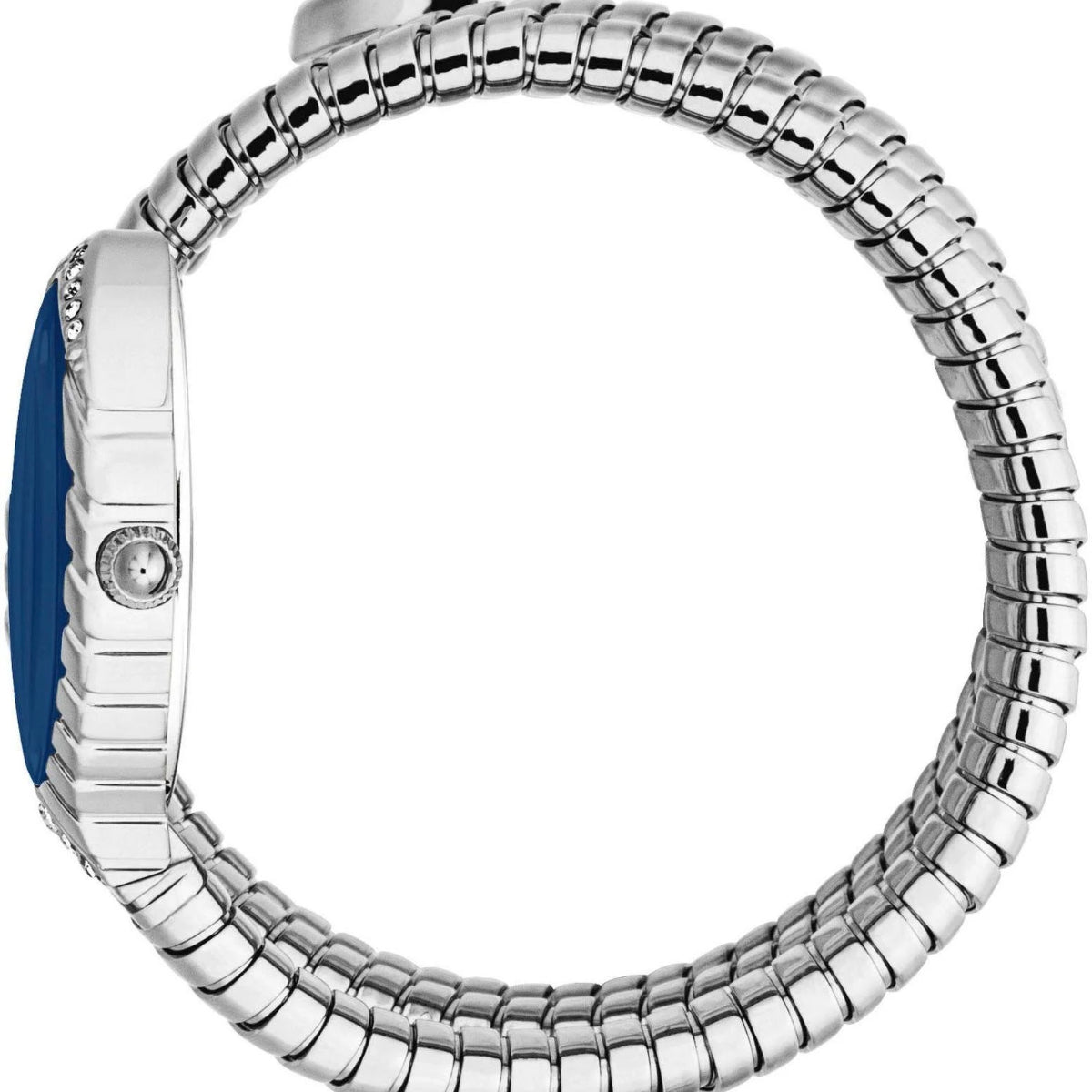 Close-up of a silver watch with a blue face on a white background