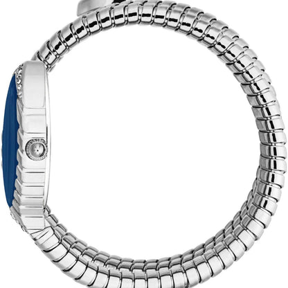 Close-up of a silver watch with a blue face on a white background