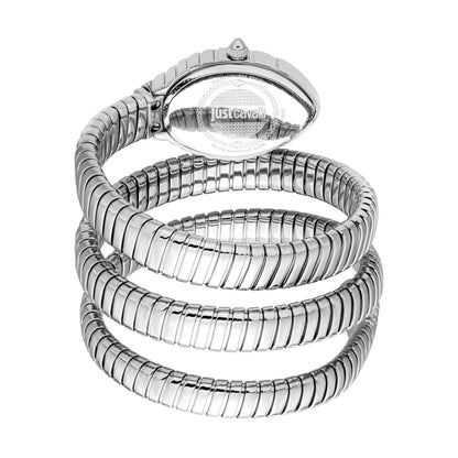 Silver watch with a snake-like band on a white background