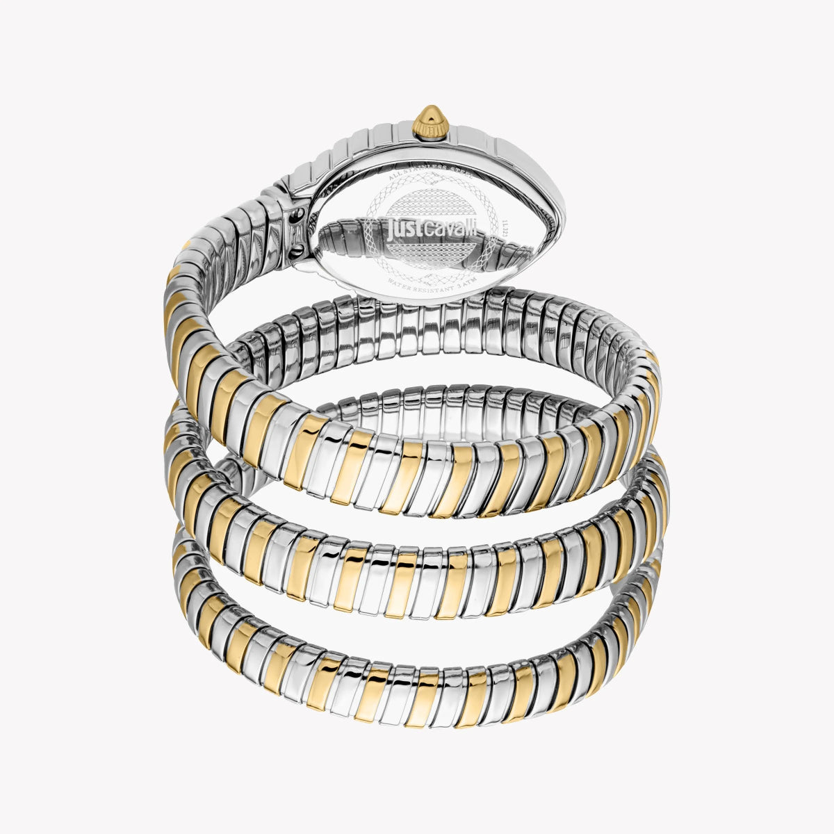 Three-layered bracelet with gold and silver stripes on a white background