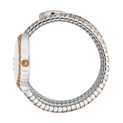 Silver and rose gold watch band on a white background
