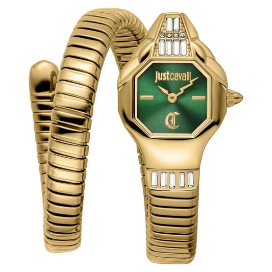 Gold watch with green face and Just Cavalli logo on a white background