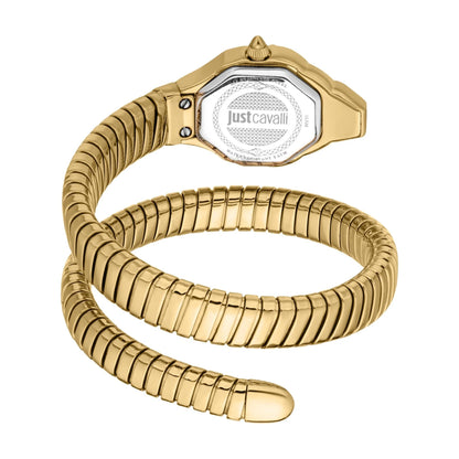 Gold wristwatch with a ribbed band on a white background, featuring the Just Cavalli brand.