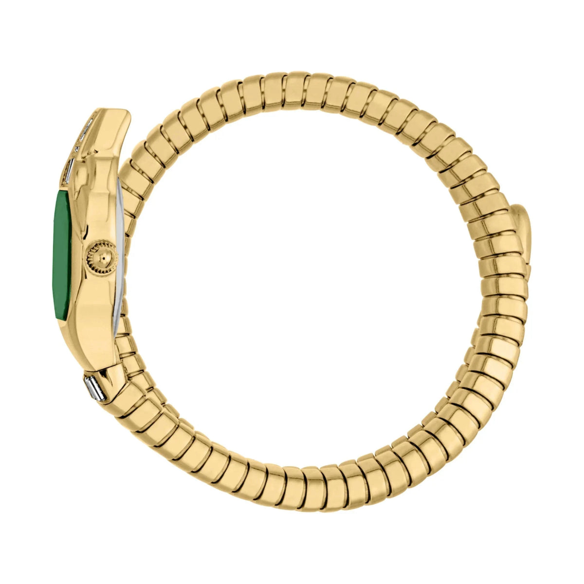 Gold watch with a green face on a white background