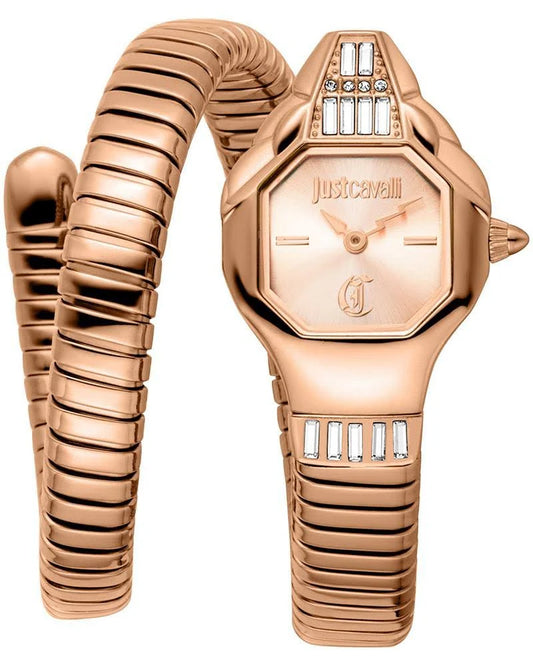 A rose gold Just Cavalli analog watch with a snake-shaped strap and a dial encrusted with crystals.