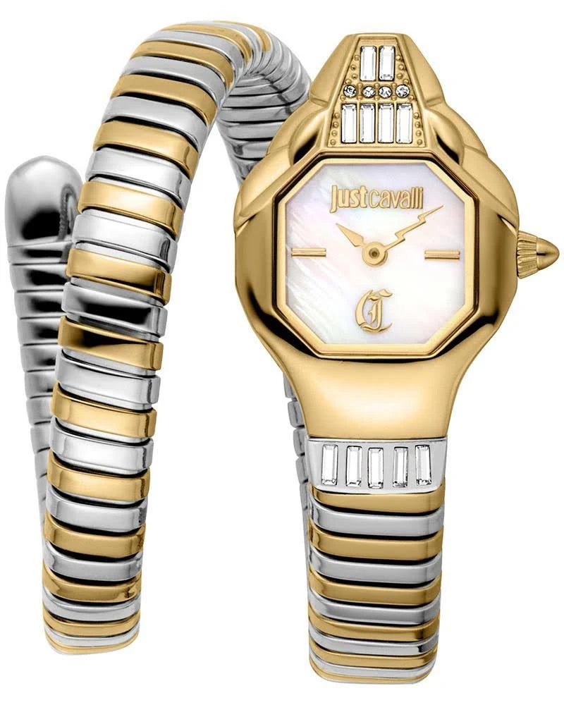 A Just Cavalli Brillante Snake women's watch with a white MOP dial, silver and gold-tone bracelet, and two gold hands.