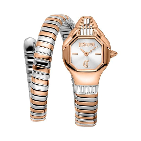 A Just Cavalli women's analog watch with a silver dial and a two-tone rose gold and silver strap.
