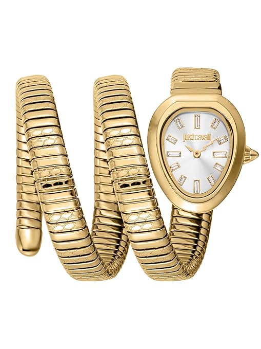 A Just Cavalli silver dial snake analog women's watch with a gold-colored stainless steel strap and clasp.
