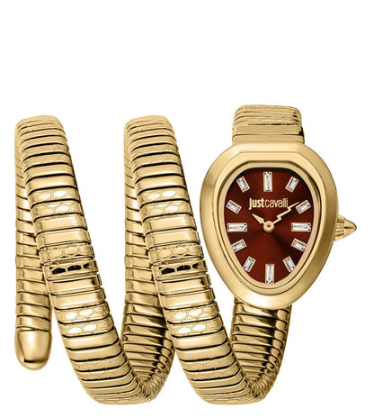 A women's Just Cavalli analog watch with a bold maroon dial and a gold-colored bracelet.
