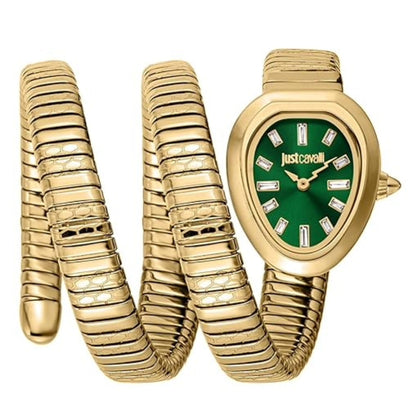 Gold watch with green face and ribbed band on a white background