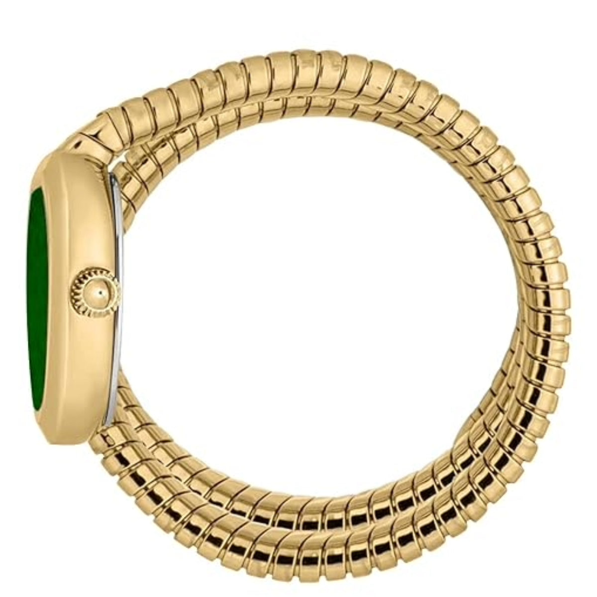 Gold watch with a green face on a white background