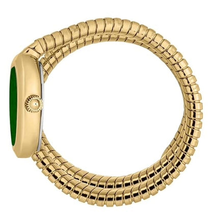 Gold watch with a green face on a white background