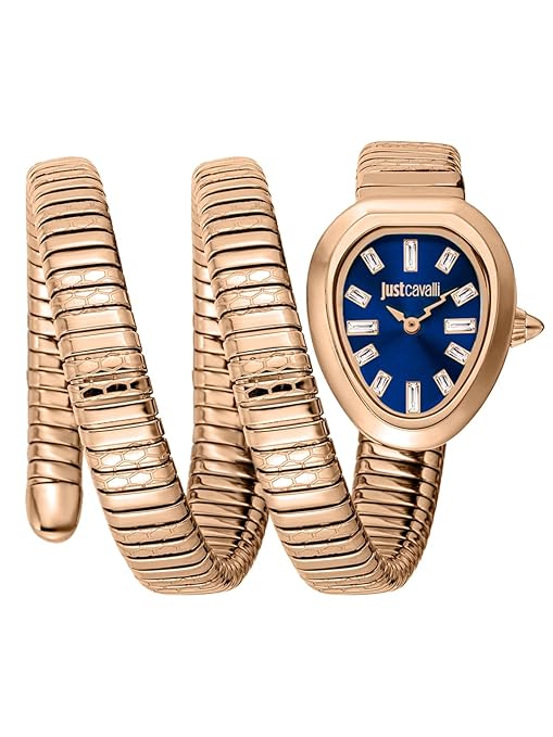 A blue dial analog women's watch with a rose gold stainless steel strap in a coiled snake design, branded 'Just Cavalli'.