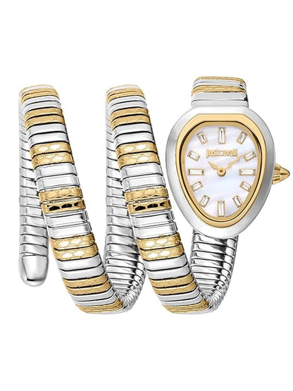 A Just Cavalli white dial analog watch with a two-tone (gold and silver) snake strap design.