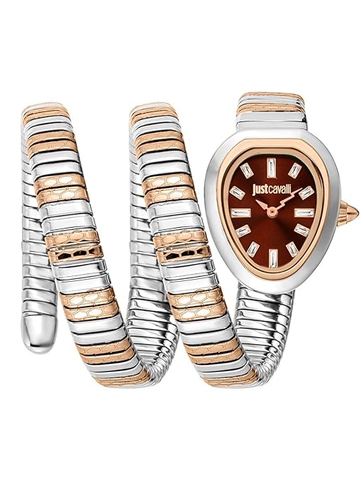 A Just Cavalli branded bracelet watch with a red dial and a multicolored metallic strap.