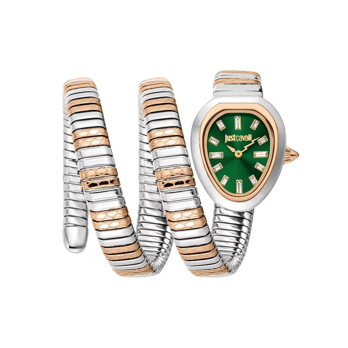 A Just Cavalli analog women's watch with a green dial and a multicolored stainless steel strap.