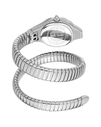 A silver analog watch with a round dial and a flexible, silver-tone stainless steel strap, viewed from the side.