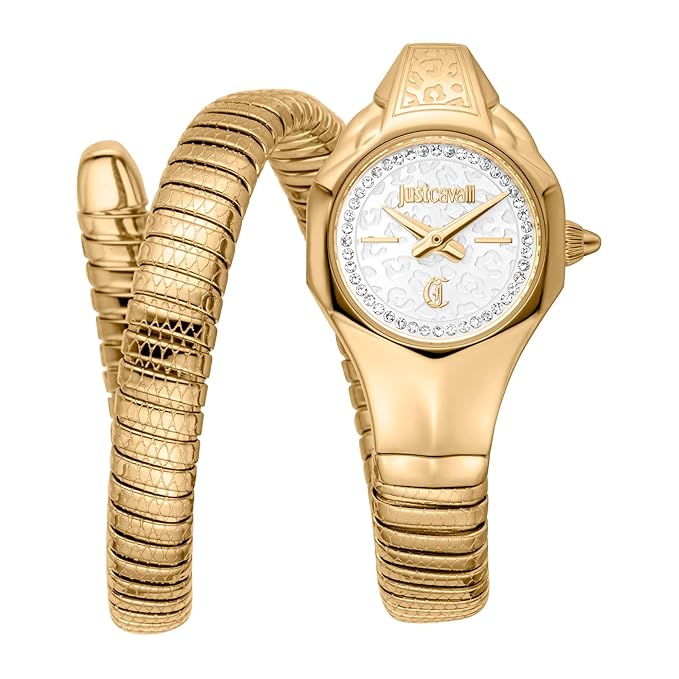 A Just Cavalli Fiore analog watch for women with a silver round dial and a gold-colored stainless steel strap.