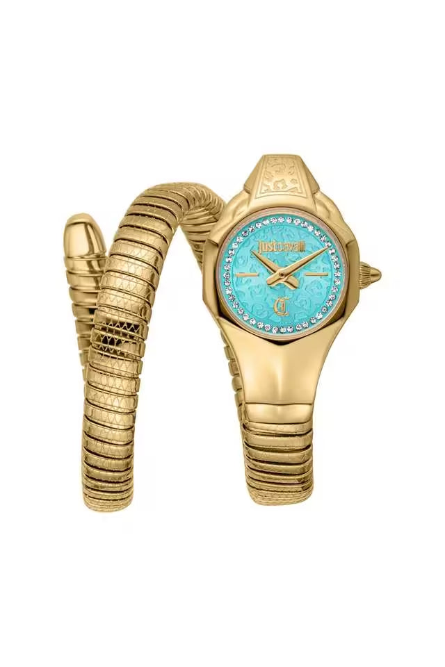 A Just Cavalli Fiore analog women's watch with a blue dial and a gold-colored stainless steel strap and case.