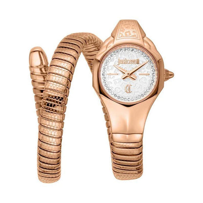 A rose gold Just Cavalli Fiore analog watch with a silver dial, showcasing a sleek design and a coiled strap.