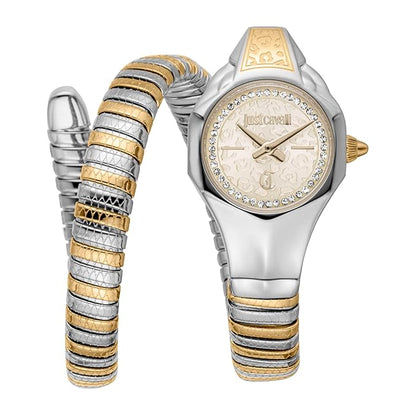 A Just Cavalli Fiore champagne dial analogue watch for women with a gold and silver-colored strap and dial.
