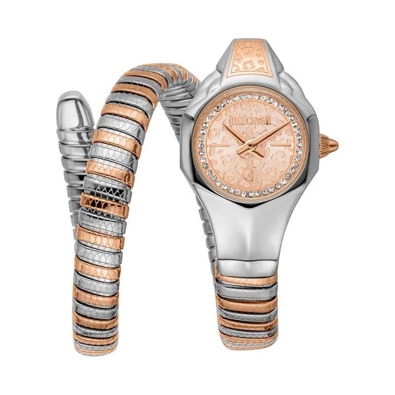 A Just Cavalli Fiore women's watch with a rose gold dial and a silver and rose gold stainless steel strap, with a clasp.