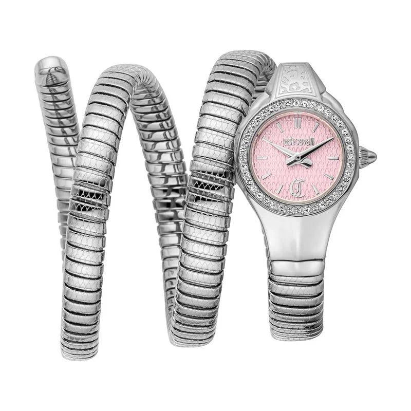 A women's analog watch with a pink round dial and a silver-colored flexible strap, adorned with a diamond-like pattern.