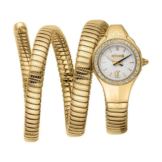 A Just Cavalli Vita Silver Dial Analog Watch for Women with a gold-colored stainless steel strap and a round silver dial.