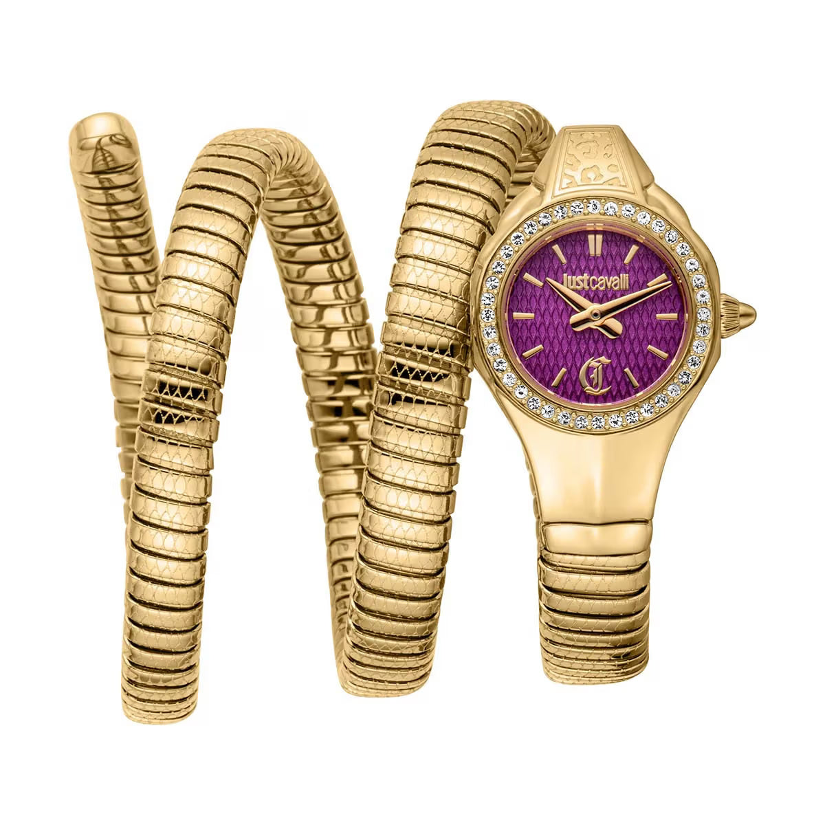 Gold watch and bracelet set with purple face on a white background
