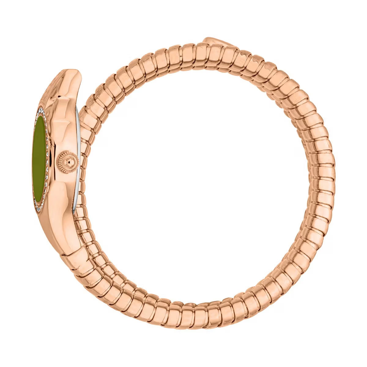 Rose gold bracelet with a green gemstone on a white background