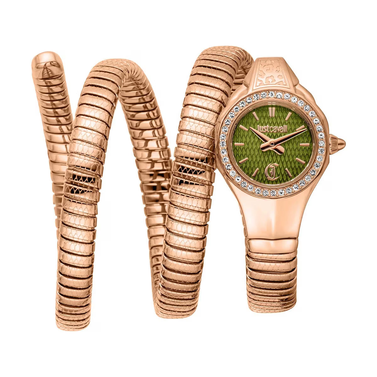 Rose gold watch with green face and matching bracelet on a white background