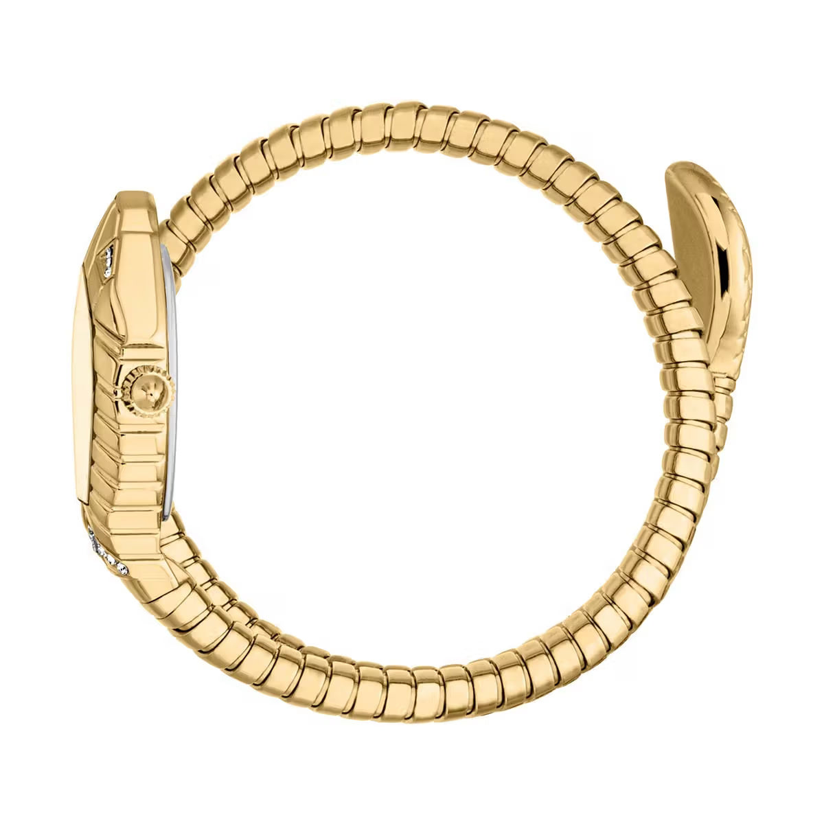 Gold snake-shaped bracelet on a white background