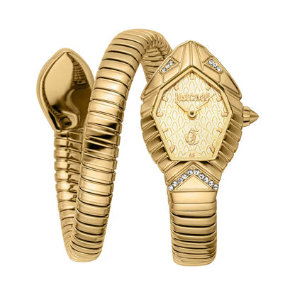 Gold snake-shaped watch with intricate design on a white background