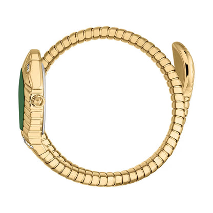 Gold ring with a green gemstone on a white background