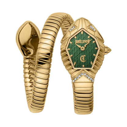 Gold snake-shaped watch with green face and 'Just Caviar' branding on a white background
