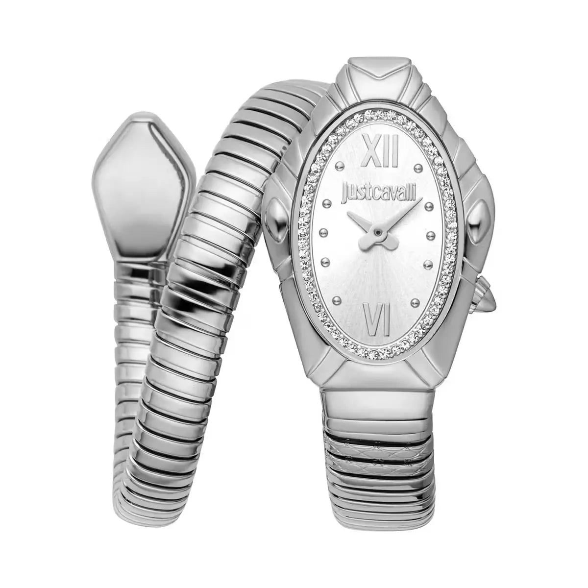 A silver Just Cavalli Lirica analog women's watch with a oval-shaped case, a silver dial, and a stainless steel strap.