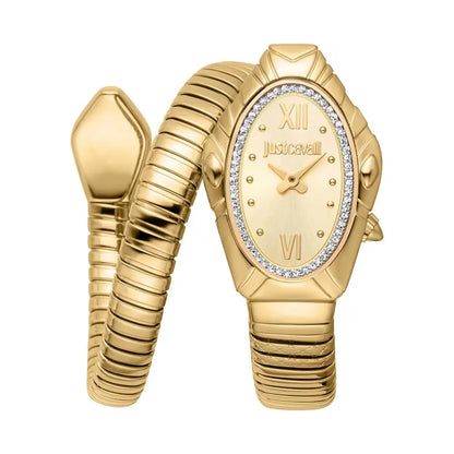 A gold-colored Just Cavalli analog watch with a champagne dial and a coiled strap.