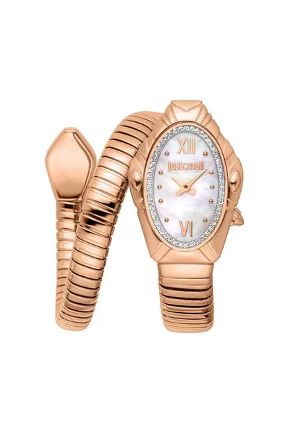 A rose gold Just Cavalli Lirica analog watch with a white mother of pearl dial and a stainless steel strap.