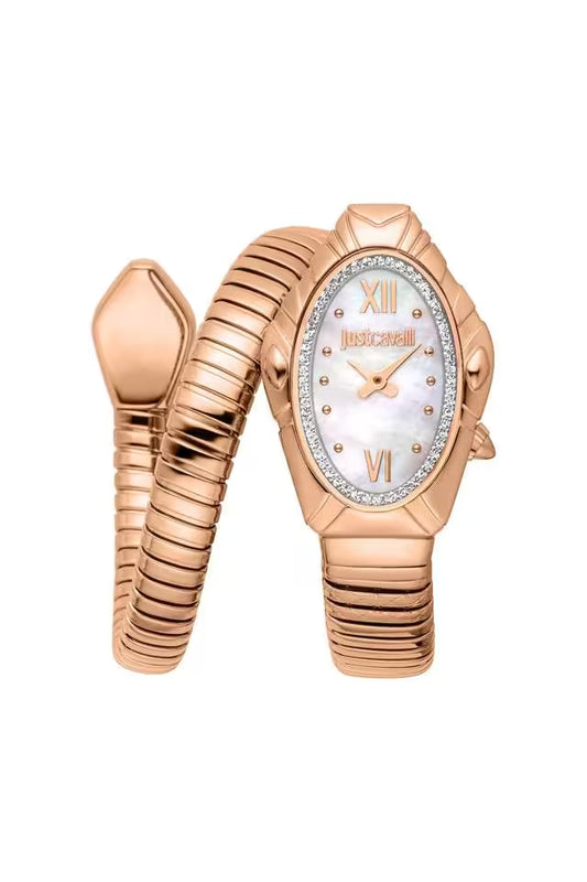 A rose gold Just Cavalli Lirica analog watch with a white mother of pearl dial and a stainless steel strap.