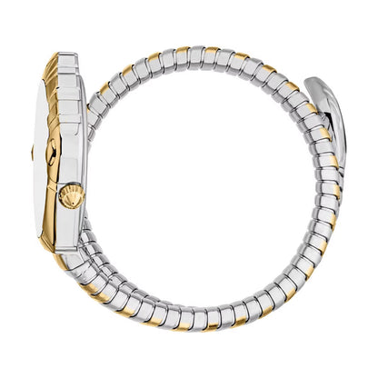 Two-tone silver and gold watch band on a white background