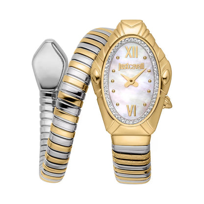 Gold and silver watch with Just Cavalli branding on a white background