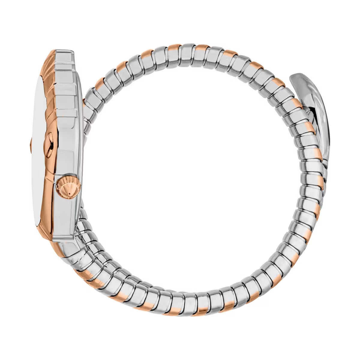 Two-tone watch with silver and rose gold band on a white background